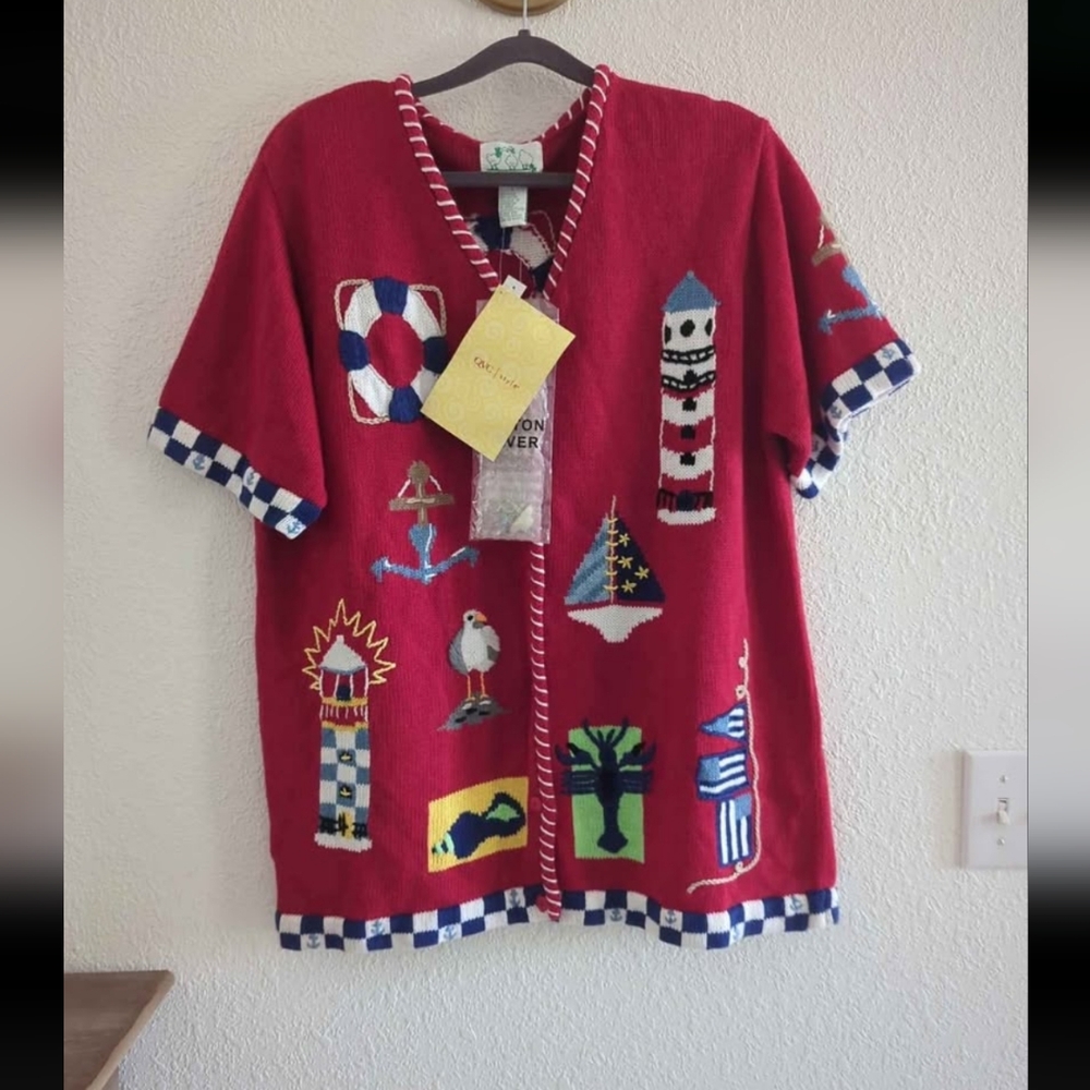 Vintage 90s Quacker Factory Cardigan Sweater Nautical Lighthouse Seagull L New